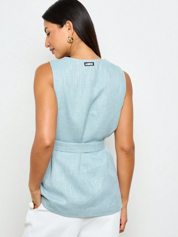 AiiRZ Belted Sleeveless Blazer Vest Professional Office Wear Double Pocket Front Waistcoat Business Casual Spring Summer Workwear