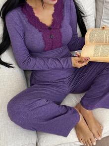 SHEIN 女士休闲紫色针织蕾丝拼布深 V 领长袖上衣和裤子睡衣套装，秋季服装 - 紫色 - 查看 5
