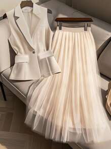 Franclia Women's Elegant 2Pcs Set Office Commute: Vest & Tulle A-Line Long Skirt