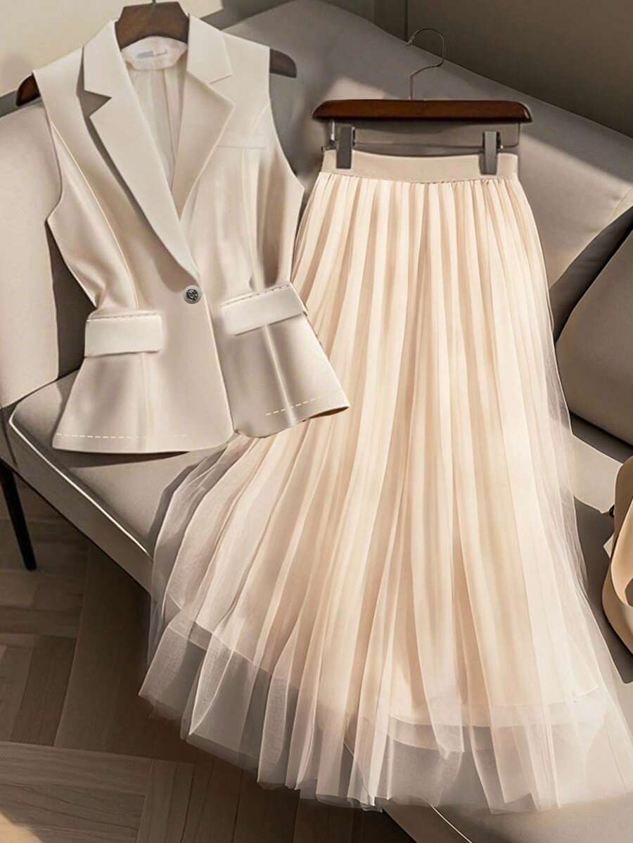 Franclia Women's Elegant 2Pcs Set Office Commute: Vest & Tulle A-Line Long Skirt