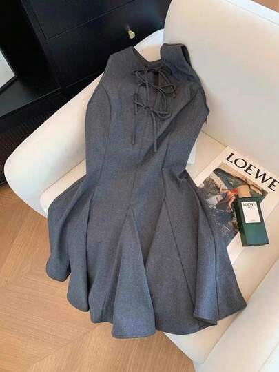 GlowEve 纯色系带领装饰腰部A字短裙，通勤时尚，复古灰色优雅通勤休闲办公室A字裙，派对，节日，圣诞节，万圣节，时尚通勤日常精致，约会