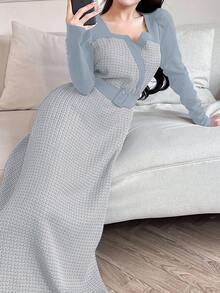 Feyla 女士长袖长裙，简约时尚休闲日常穿着长款晚礼服 - 藍色 - 查看 5