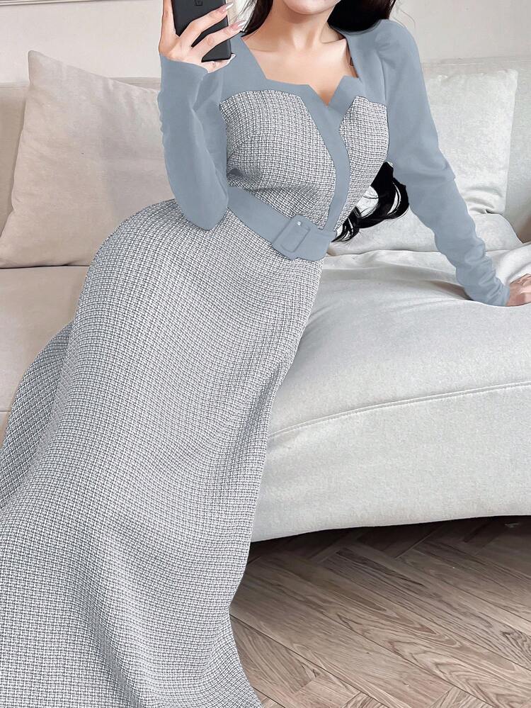 Feyla 女士长袖长裙，简约时尚休闲日常穿着长款晚礼服 - 藍色 - 查看 5