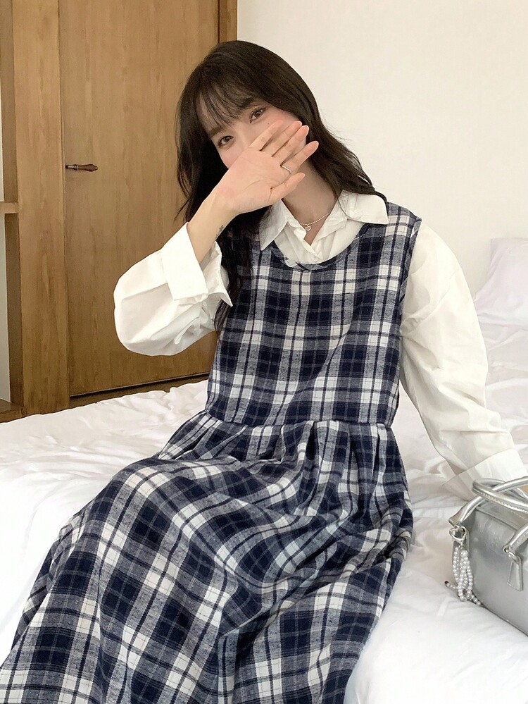 Dazy Kids 少女宽松休闲格子无袖连衣裙，秋季 - 藏蓝色 - 查看 3