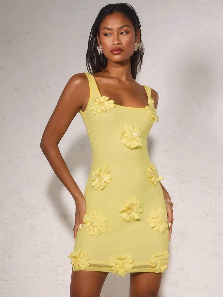 SHEIN BAE 女士奶油黄色细肩带方领花卉装饰优雅迷你连衣裙 - 黃色 - 查看 2