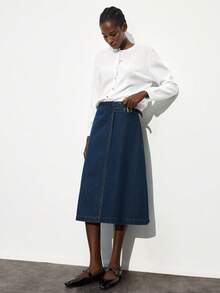 Maija Women's Side Buckle Design A-Line Casual/Work Denim Skirt - Dark Wash - View 5