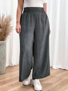 SHEIN Essnce Quần ống đứng cạp cao màu xanh dương, quần dài nữ, quần áo mùa thu, quần áo giáo viên, quần áo trở lại trường, quần ống rộng thoải mái cho nữ - Màu xám đen - Xem 4