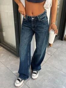 EURMUSE 100% Cotton Low Waist Wash Detailed Wide Leg Jean - Dark Wash - View 6