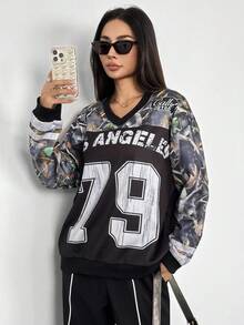 Teens (Girls) Casual Street Sports Jersey Camouflage Oversized V-Neck Sweatshirt Fall Winter - Black - View 11