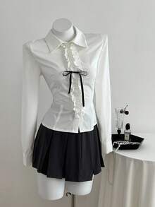 Elamini 2pcs Women's Autumn Outfit, Long Sleeve Vest & Blouse With Bowknot And Ruffle Hem Fall Cloth For Women - Black and White - View 4