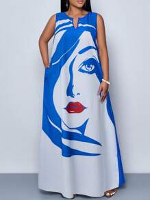 SOLERSUN Plus Size Women's Face Black & White Print V-Neck Long Casual Shirt Dress (With Pockets) Casual Vacation Daily Commute Picnic Street Photography Halloween New Year 2025 New Valentine's Day