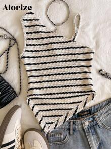 少女休闲个性吊带背心，黑白面料，不对称肩带设计，适合旅行、度假、散步、郊游，可搭配裤子、短裤、裙子、夹克 - 白色 - 查看 2