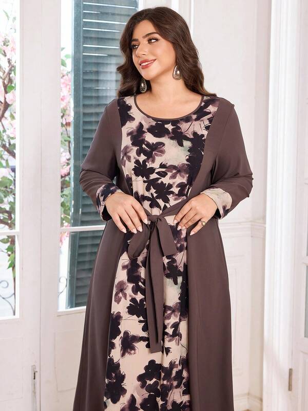 SHEIN Lacomfia Plus Size Elegant Commuter Floral Print Patchwork Tie-Waist Midi Dress Fall Cloth For Women