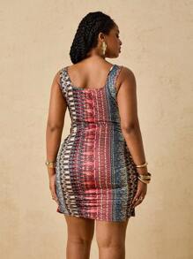 SHEIN VCAY Plus Size Women's Square Neck Ruffle Striped Print Sleeveless Knit Mini Dress, Vacation Summer Work Outfits Concert Outfits For Women Boho Women Clothing Rave Pink Outfit Women