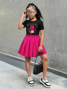 Sparklyn 2 件装 Tween Girl 时尚女孩肖像短袖 T 恤和粉色褶皱迷你裙春夏套装 - 彩色 - 查看 3