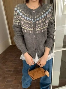 DAZY 女士圆领韩版撞色装饰心形开衫秋冬