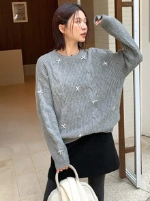 DAZY Suéter de cuello redondo de manga larga con nudo de lazo de punto trenzado de unicolor, informal, para primavera/otoño - Gris - Ver 3