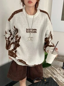 DAZY Suéter feminino de manga comprida com decote redondo e contraste de cores, estilo urbano, outono/inverno - Cinza - Ver 1