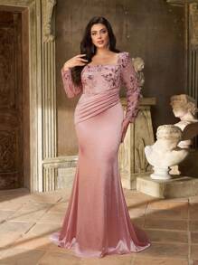 Aureia Vestido elegante, romántico y lujoso de talla grande con cuello cuadrado transparente, mangas largas, puños fruncidos, dobladillo de cola de pez con cola, adornado con bordados de loto rosa, cuentas y parches de satén elástico. Adecuado para fiestas de noche, citas, bailes de graduación, ceremonias de graduación y vestidos de gala formales (con mucho adorno) - Rosa vieja - Ver 1
