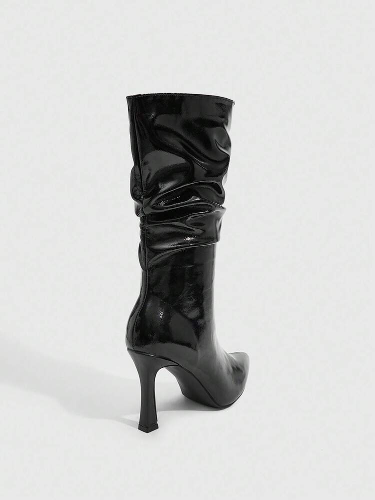 CUCCOO SZL Women's Fashion Pointed Toe Rhinestone Embellished Stiletto Heel Black Mid-Calf Boots, Elegant & Sexy For Party, Wedding, Formal Occasions For Christmas Spring Shoes