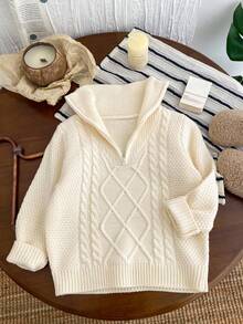 SHEIN Young Boys' Vintage Floral Textured Polo Collar Half-Zip Loose Raglan Pullover Sweater, Thermal Lined Thick Warm For Winter Fall - Apricot - View 2
