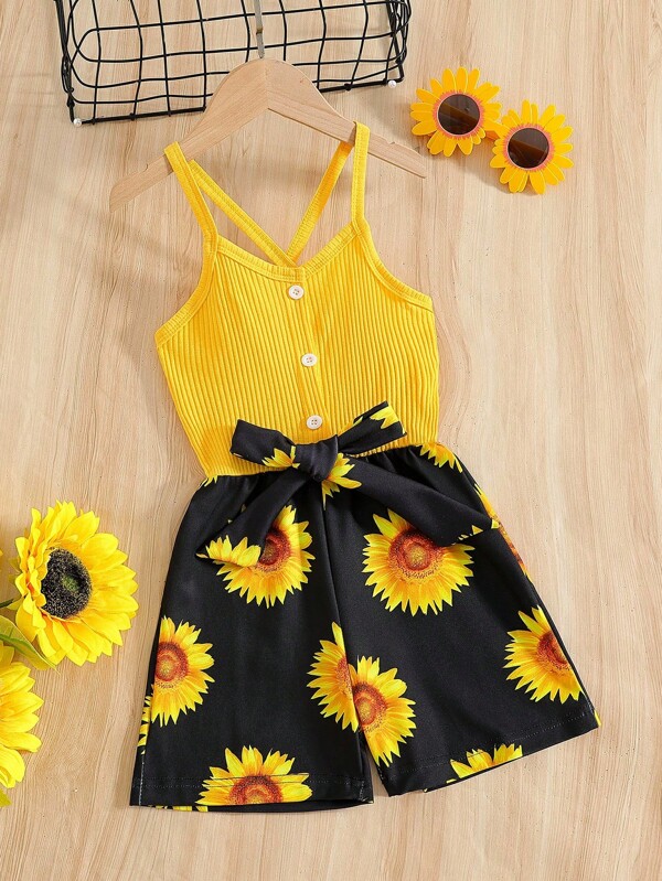 SHEIN Young Girl Floral Print Criss Cross Belted Cami Romper