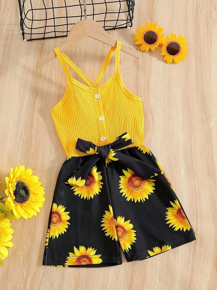 SHEIN 少女花卉印花交叉腰帶吊帶連體褲