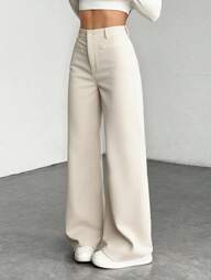 SHEIN PETITE Pantalones rectos de pierna ancha con botones de unicolor y versátiles para mujer