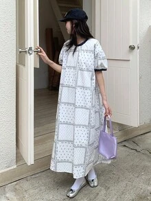 Dazy Kids 青少年/女孩花卉印花长袍，宽松休闲腰部连衣裙，秋季 - 白色 - 查看 2