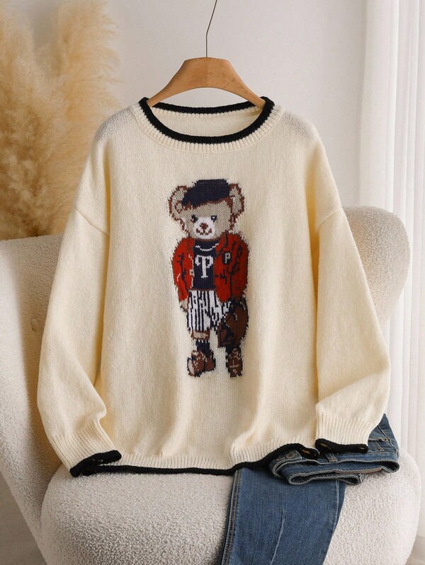 CosyJoli Suéter holgado de cuello redondo con diseño divertido de oso, estampado de oso, parches de colores contrastantes, para mujer talla grande, color crema, suéter lindo de oso para otoño/invierno