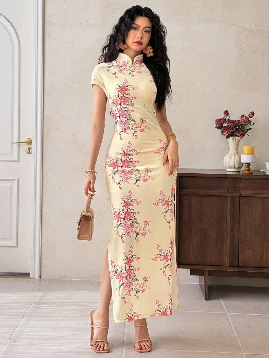 EastFlair 女士优雅花卉印花侧开衩连衣裙，夏季 - 彩色 - 查看 1