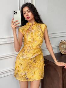 EastFlair Váy ngắn họa tiết hoa 3D thanh lịch dành cho nữ, mùa hè - Màu vàng - Xem 4