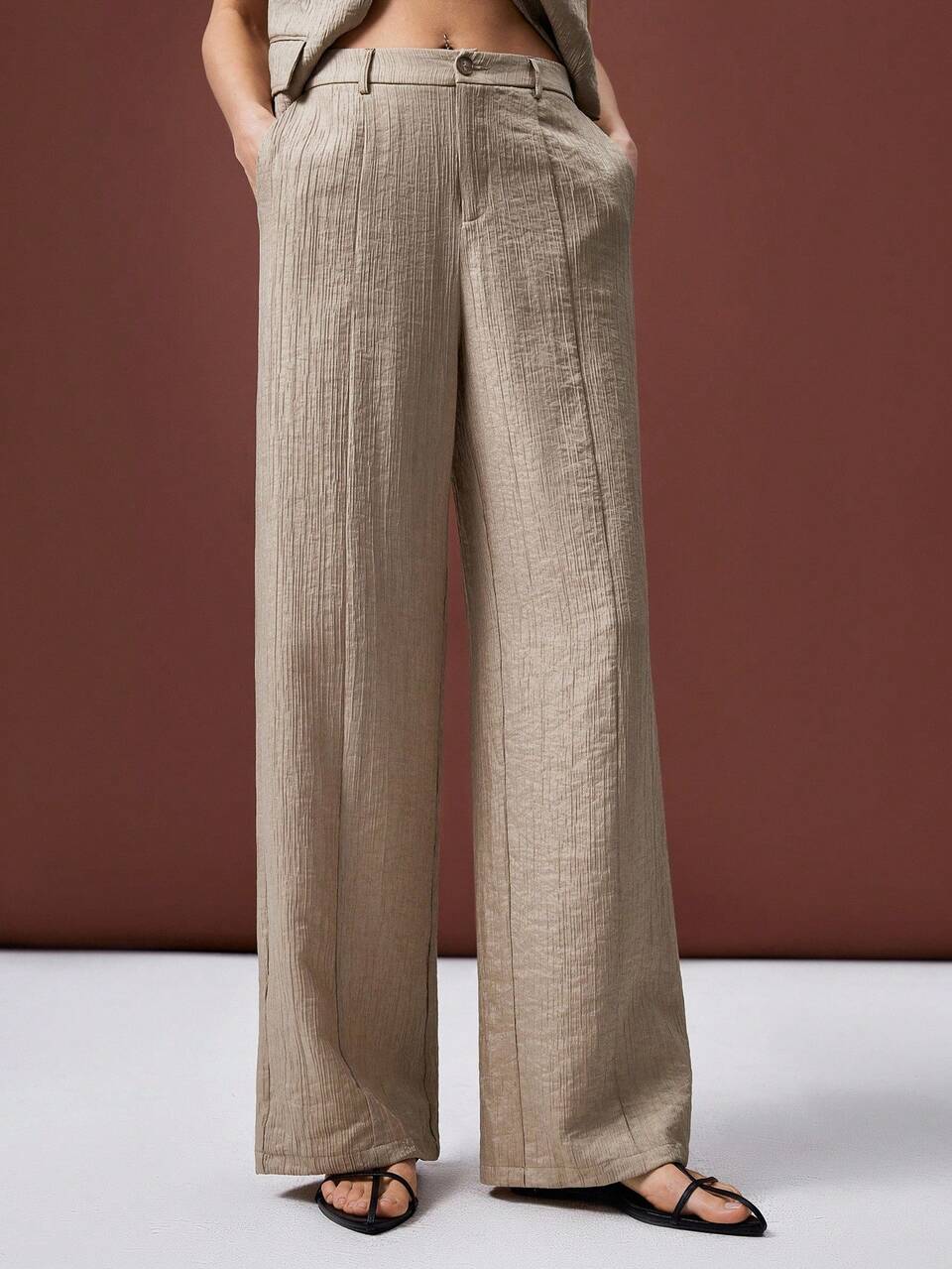 Women's Khaki Summer Smart Casual Office Suit Set, Lyocell Wool Jacquard Striped Asymmetric Sleeveless Top & Pants, Old Money Style Business Outfit