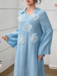 SHEIN Najma 女式宽松长袖蓝色阿拉伯风格串珠花卉连衣裙 - 藍色 - 查看 7