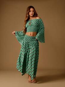 MISSGUIDED Off Shoulder Striped Blouse Long Bell Sleeve Smocked Crop Top Holiday Beach Resort Wear Summer Boho Festival Fashion