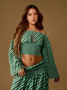 MISSGUIDED Off Shoulder Striped Blouse Long Bell Sleeve Smocked Crop Top Holiday Beach Resort Wear Summer Boho Festival Fashion