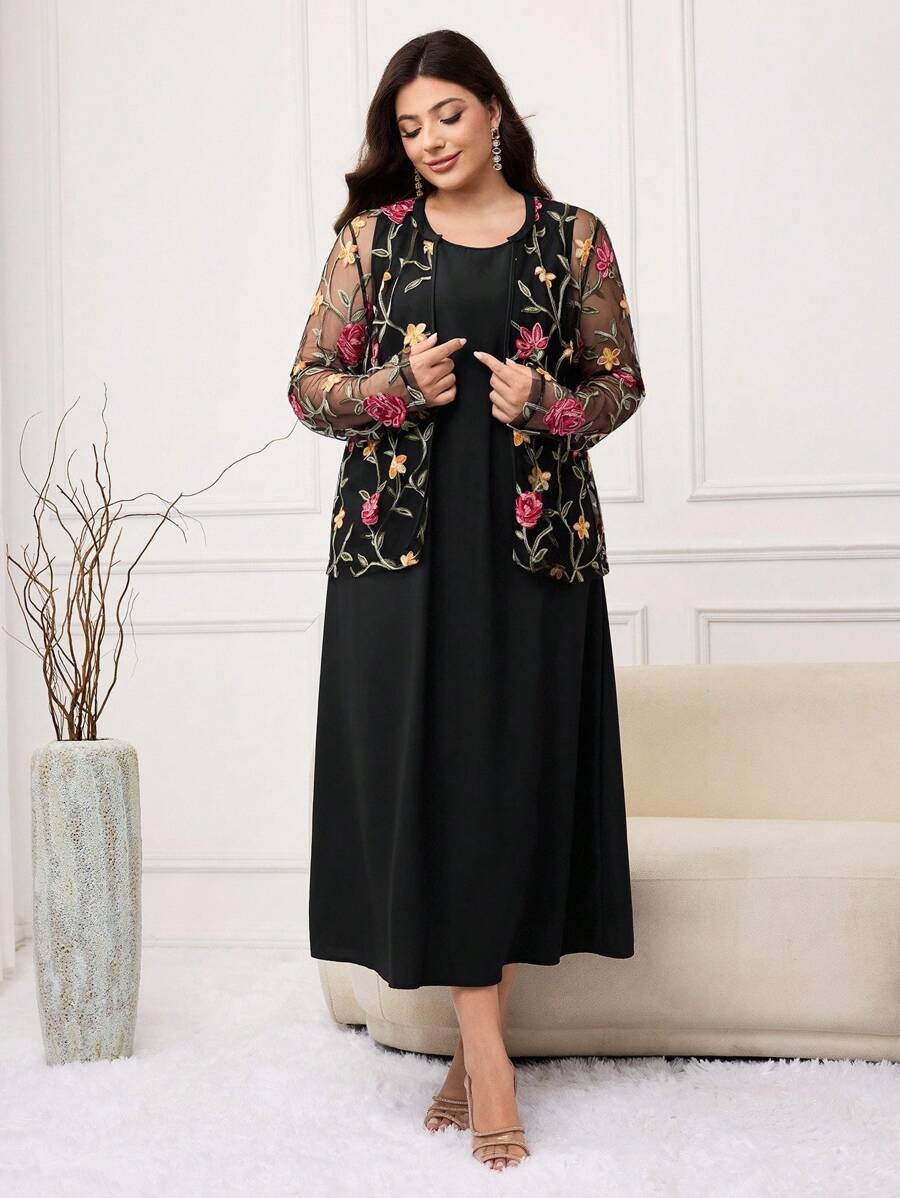 Modelyn Rochie fără mâneci, casual, culoare uni, mărime plus și cardigan transparent cu mâneci lungi, set din 2 piese - Negru - Vizualizare 1