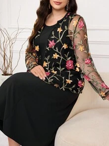 Modelyn Rochie fără mâneci, casual, culoare uni, mărime plus și cardigan transparent cu mâneci lungi, set din 2 piese - Negru - Vizualizare 4