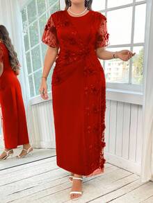 Reflora Plus Size Summer Elegant Floral Embroidery Mesh Patchwork Dress - Red - View 3