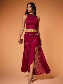 Y2Kool BiGraphic 女士酒红色雪纺飘逸开衩半身裙，适合度假、派对、性感夏季穿着 - 酒紅色 - 查看 7