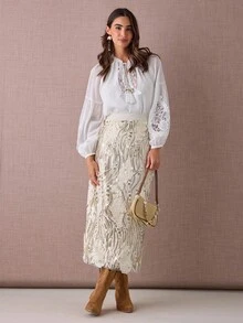 Enchnt 秋冬浪漫女士优雅杏色时尚优雅亮片刺绣中长裙，甜美优雅，适合度假、约会、度假、海滩和波西米亚风格的服装 - 杏色 - 查看 5