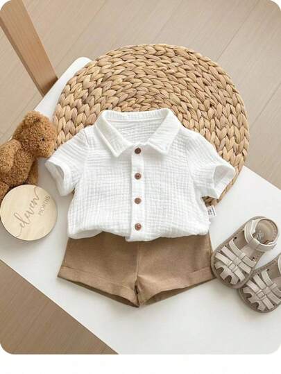 2 piezas Conjunto de camisa y pantalones cortos de unicolor de verano para bebé recién nacido niño, adecuado para fiesta de cumpleaños, fiesta de noche, actuación, boda, baby shower, invitado de boda, paje, portador de anillos