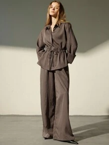 Aveloria Modichic 2 件女式条纹咖啡色狩猎风格服装，宽松休闲长袖衬衫，抽绳领和直筒裤，秋冬 - 棕色 - 查看 5