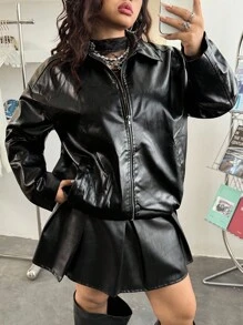SHEIN EZwear Plus Drop Shoulder Zip Up PU Leather Jacket Winter Fall Autumn - Black - View 1