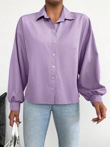 EURMUSE Women's Solid Color Front Button Elegant Office Long Sleeve Shirt - Lilac Purple - View 3