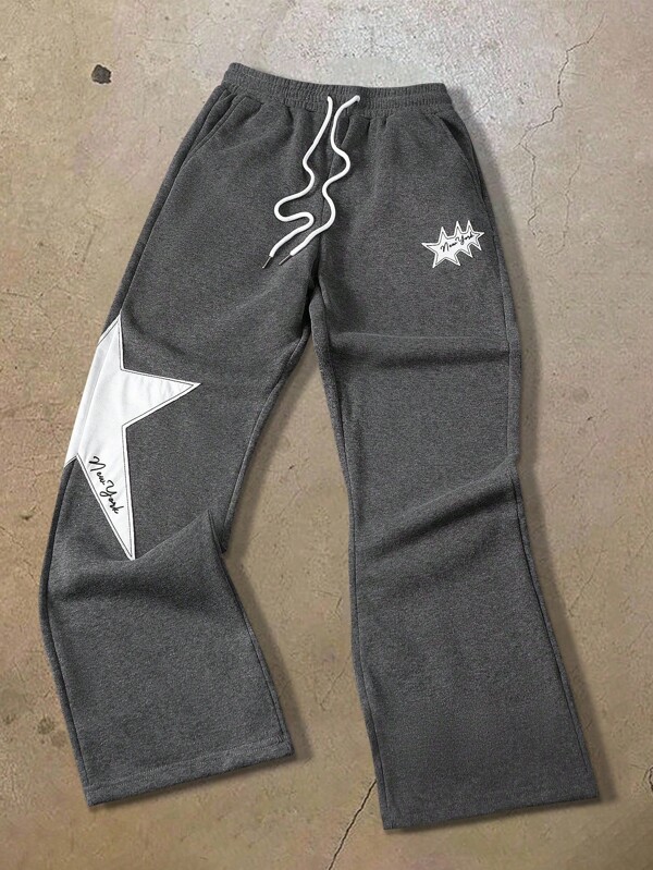 Manfinity Hypemode Men's Casual Drawstring Waist Sweatpants With Pentagram Detail, Minimalist Style Star Sweatpants, For Back To School