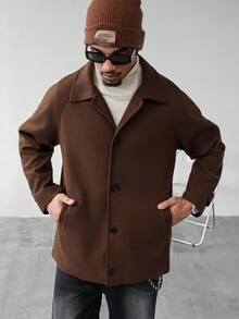 Manfinity Homme 男士纯色插肩袖单排扣休闲大衣，送给男友的绝佳礼物，返校季男士棕色衬衫式夹克，男士外套，复古风格，秋冬款 - 咖啡棕 - 查看 6