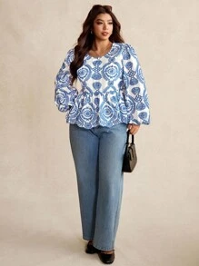 Elaquor Blus Wanita Ukuran Besar Kasual Modis Serbaguna dengan Bordir, Tali Belakang, Ruffle, dan Patchwork Warna Biru & Putih, Lengan Panjang, Pakaian Musim Gugur untuk Wanita - Blue and White - View 6