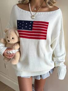 SHEIN 少女超大号不对称肩部宽松休闲套头衫，带有国旗图案，新年夜长袖运动衫上衣，保暖，时尚街头，休闲运动，英语图案，少女服装，百搭，宽松版型，返校，运动，学院，复古 - 白色 - 查看 4