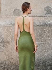 Lumivelle 女士橄榄绿V领吊带性感连衣裙针织衫，适合大学穿着 - 橄欖綠 - 查看 2